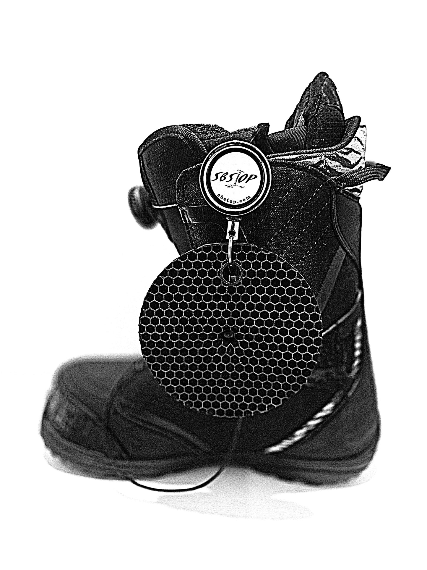 Snowboard rider launching using SBStop Disc Pad universal grip